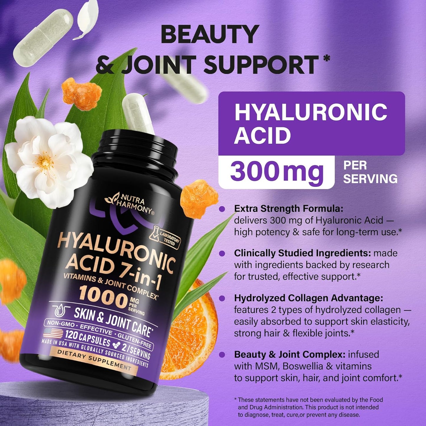Hyaluronic Acid Supplements 1000 mg - Collagen | MSM | Boswellia | Vitamin D3, C & E - Hyaluronic Acid Capsules - Skin Hydratation & Joint Comfort Support - 7-in-1 Complex - Made in USA - 120 Capsules