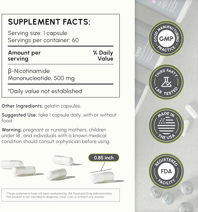 NMN Supplement 500mg – Nicotinamide Mononucleotide NMN & Booster for Cellular Energy, Longevity & Healthy Aging – 2-Month Supply (60 Capsules)