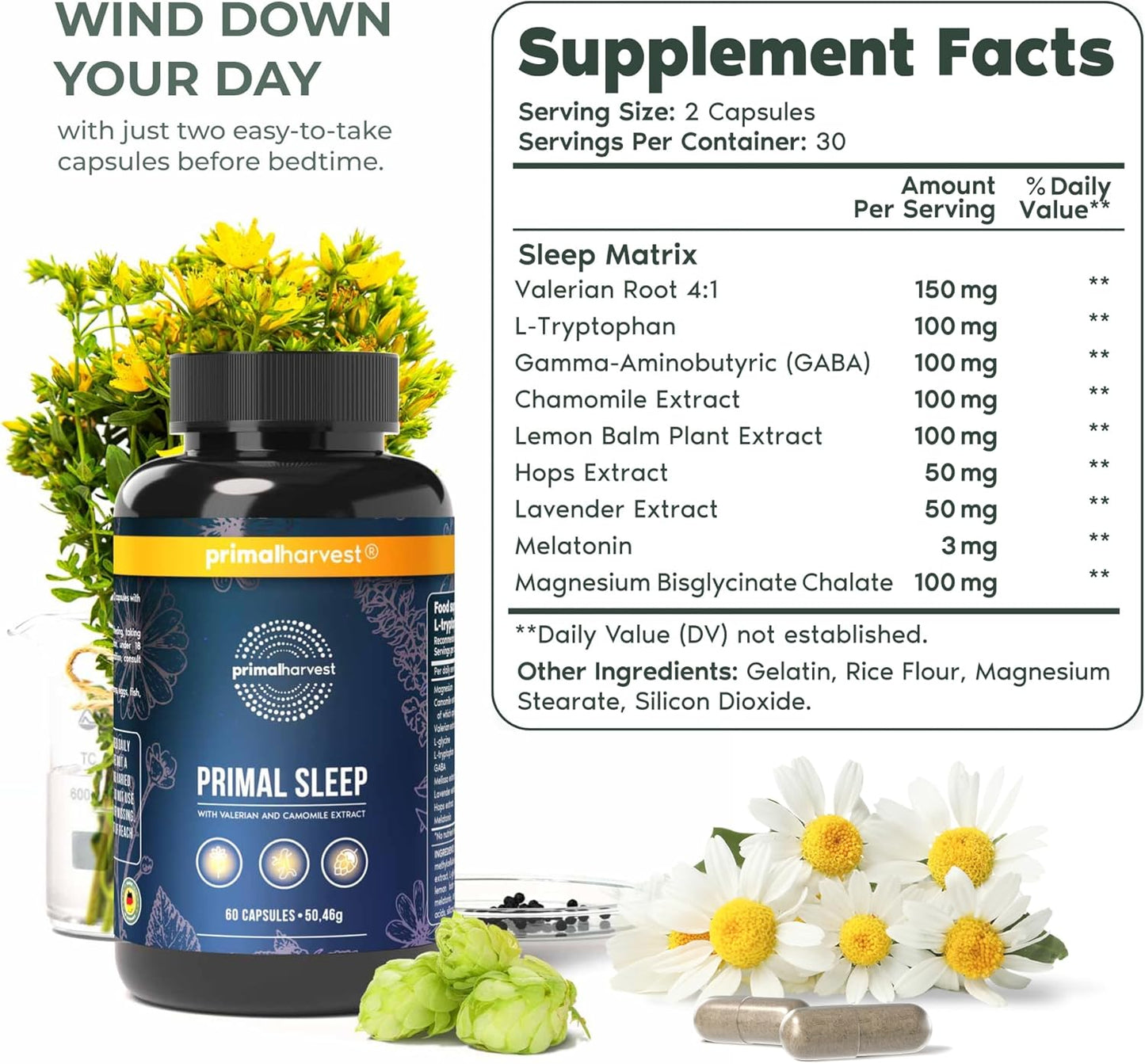 Primal Harvest 2 Pack, Primal Sleep, 120 Capsules with Valerian Root, L-Tryptophan, GABA, Chamomile, and Melatonin 3mg