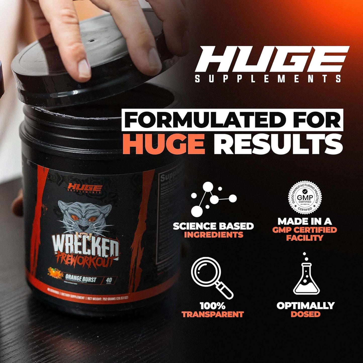 Huge Supplements Wrecked Pre-Workout, Advanced Formula, Boosts Energy, Focus, Pumps & Performance, 10g L-Citrulline, 6.4g Beta Alanine, 5g Tyrosine, 1g Alpha GPC, 375mg Fast-Acting Caffeine & More