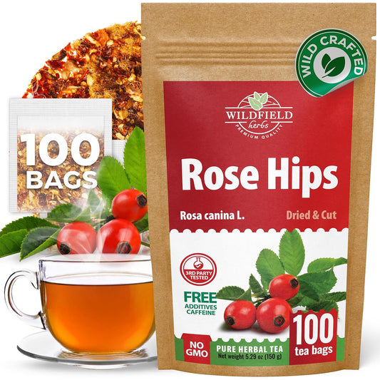100 Bags Rosehips Tea Dried Rose Hips Crushed (Roza Cinamomea) - 100 Count 1.5 g Tea Bags Rosehip Berries
