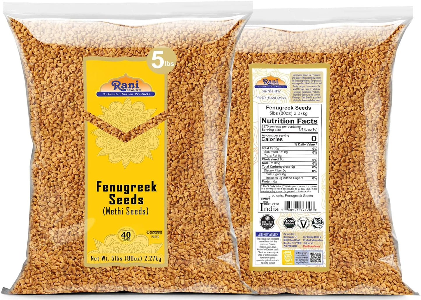 Rani Fenugreek (Methi) Seeds Whole 80oz (5lbs) 2.27kg Bulk Trigonella foenum graecum ~ All Natural | Vegan | Gluten Friendly | Non-GMO | Kosher | Indian Origin, used in cooking & Ayurvedic spice