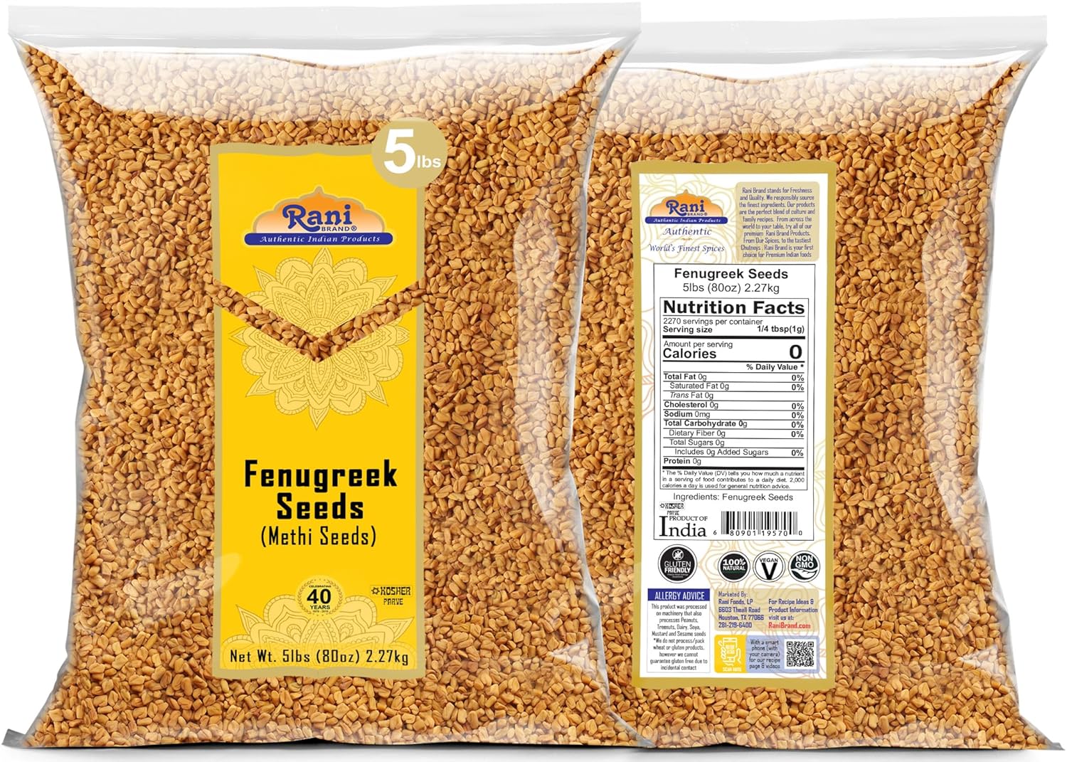 Rani Fenugreek (Methi) Seeds Whole 80oz (5lbs) 2.27kg Bulk Trigonella foenum graecum ~ All Natural | Vegan | Gluten Friendly | Non-GMO | Kosher | Indian Origin, used in cooking & Ayurvedic spice