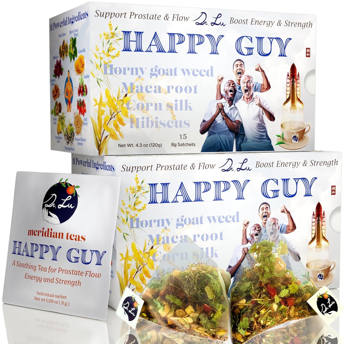 2 Pack of Dr. Lu’s Meridian Tea – Happy Guy | 100% Natural Energy Tea for Men | 11-Herb Blend with Maca, Corn Silk & Hibiscus in Corn Fiber Tea Bags Made in USA