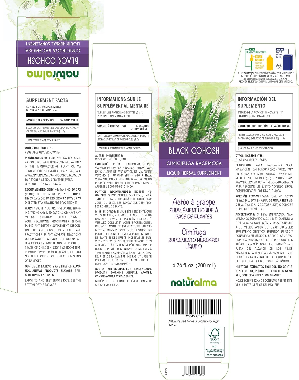 Naturalma Black Cohosh (Cimicifuga racemosa or Actaea racemosa) Rhizome Alcohol-Free Tincture - 6.76 fl oz Liquid Extract in Drops - Herbal Supplement - Vegan