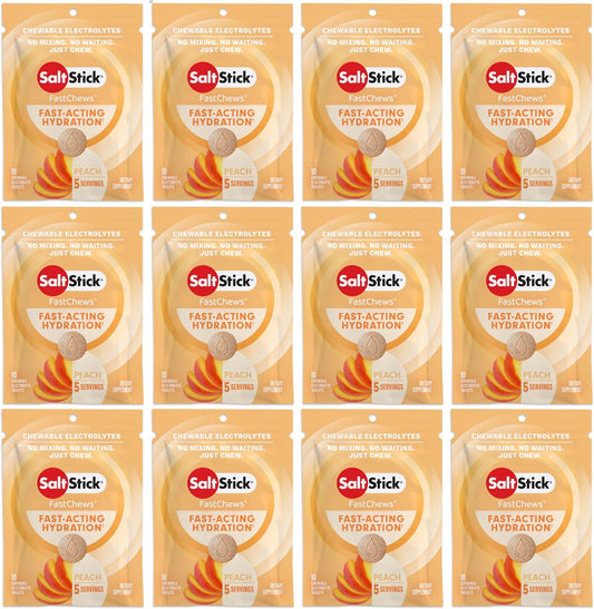 SaltStick Electrolyte FastChews - 120 Peach Chewable Electrolyte Tablets - Electrolyte Chews, Salt Tablets - 12 Packets, 10 Tablets Each