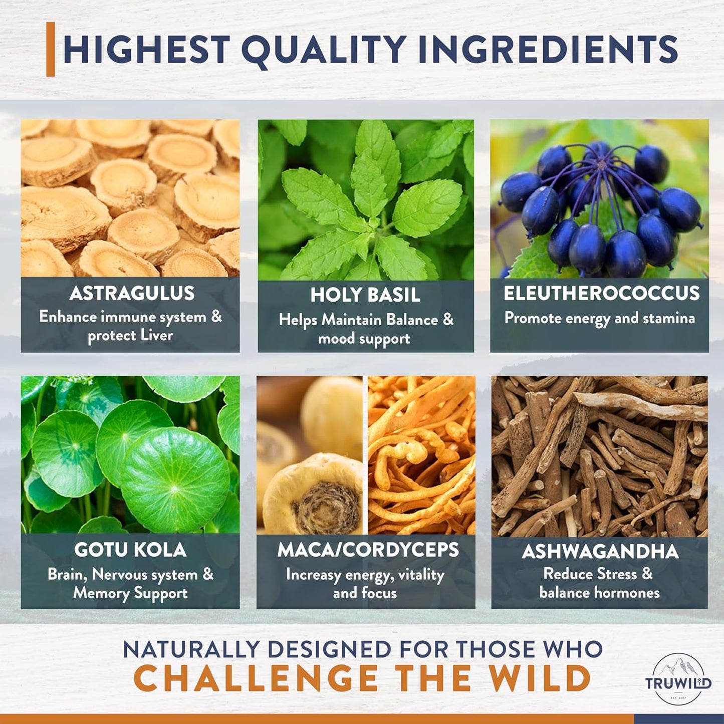 TruWild Adaptogen Blend with Cordyceps Maca Ashwagandha - Full Spectrum Mushroom Blend for Daily Support and Function, All Natural Formula with 7 Key Ingredients, 60 Capsules