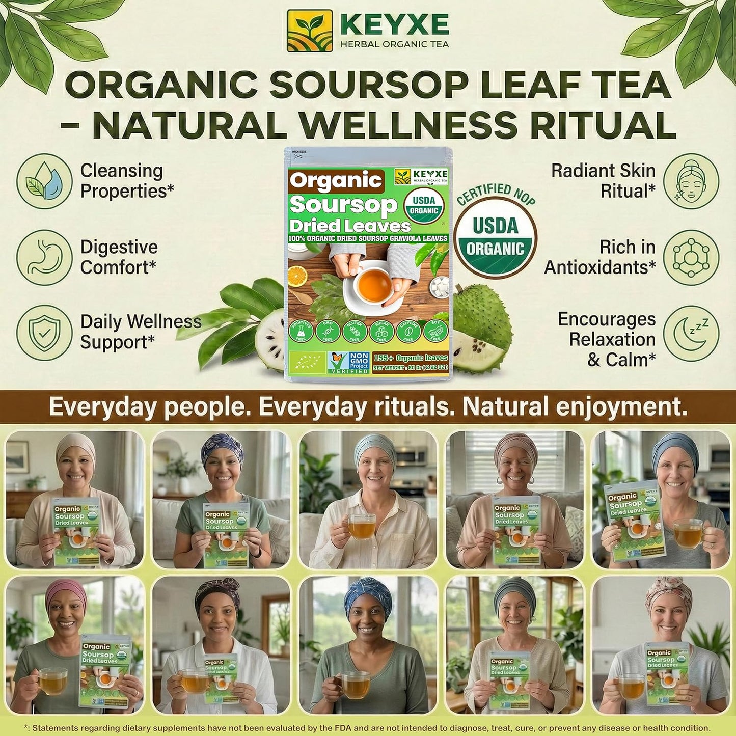 160+ USDA Organic Soursop Graviola Dried Leaves, Non GMO, 100% Organic Whole Soursop Leaves, Caffeine Free, Gluten Free, Wildcrafted & Authentic, Hojas de Guanabana, te de graviola , Guanábana Hojas Loose Leaf Herbal Tea