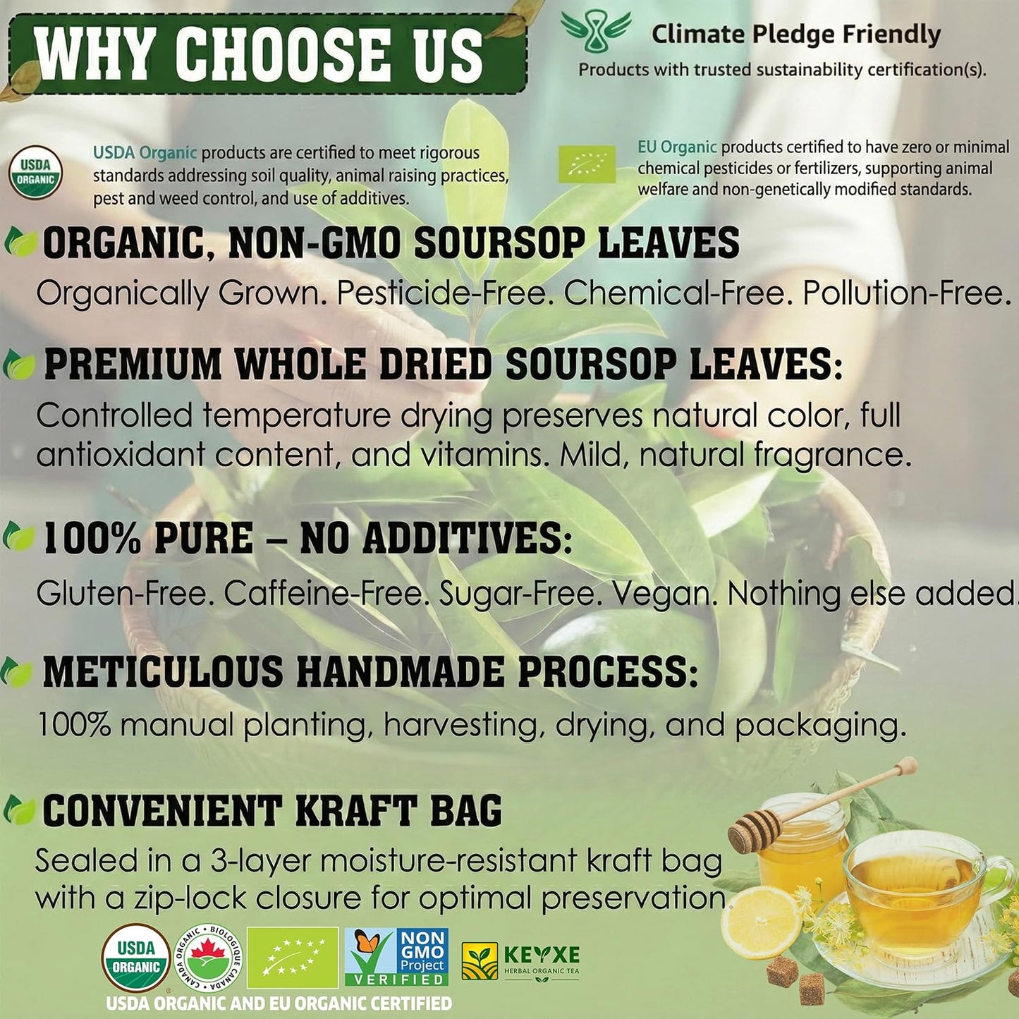 160+ USDA Organic Soursop Graviola Dried Leaves, Non GMO, 100% Organic Whole Soursop Leaves, Caffeine Free, Gluten Free, Wildcrafted & Authentic, Hojas de Guanabana, te de graviola , Guanábana Hojas Loose Leaf Herbal Tea