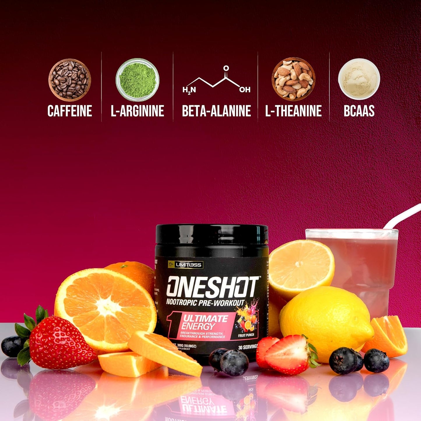 Oneshot Pre Workout Powder for Men and Women - BCAAS Amino Acids Supplement Powder, 200mg Caffeine, Beta Alanine Powder, Citrulline Malate Preworkout Powder - Fruit Punch - 30 Servings