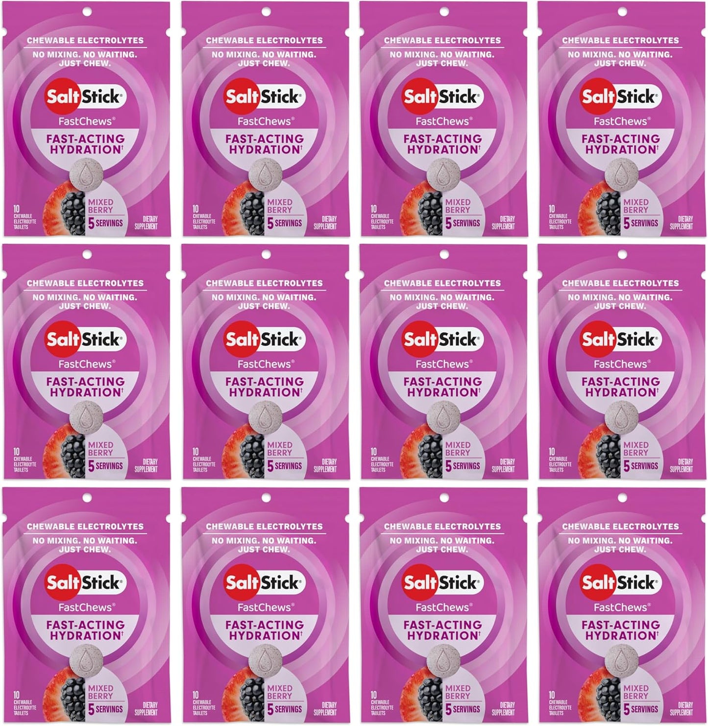 SaltStick Electrolyte FastChews - 120 Count Mixed Berry Flavor - Electrolyte Tablets for Hydration, Salt Tabs - 10 Count (Pack of 12)