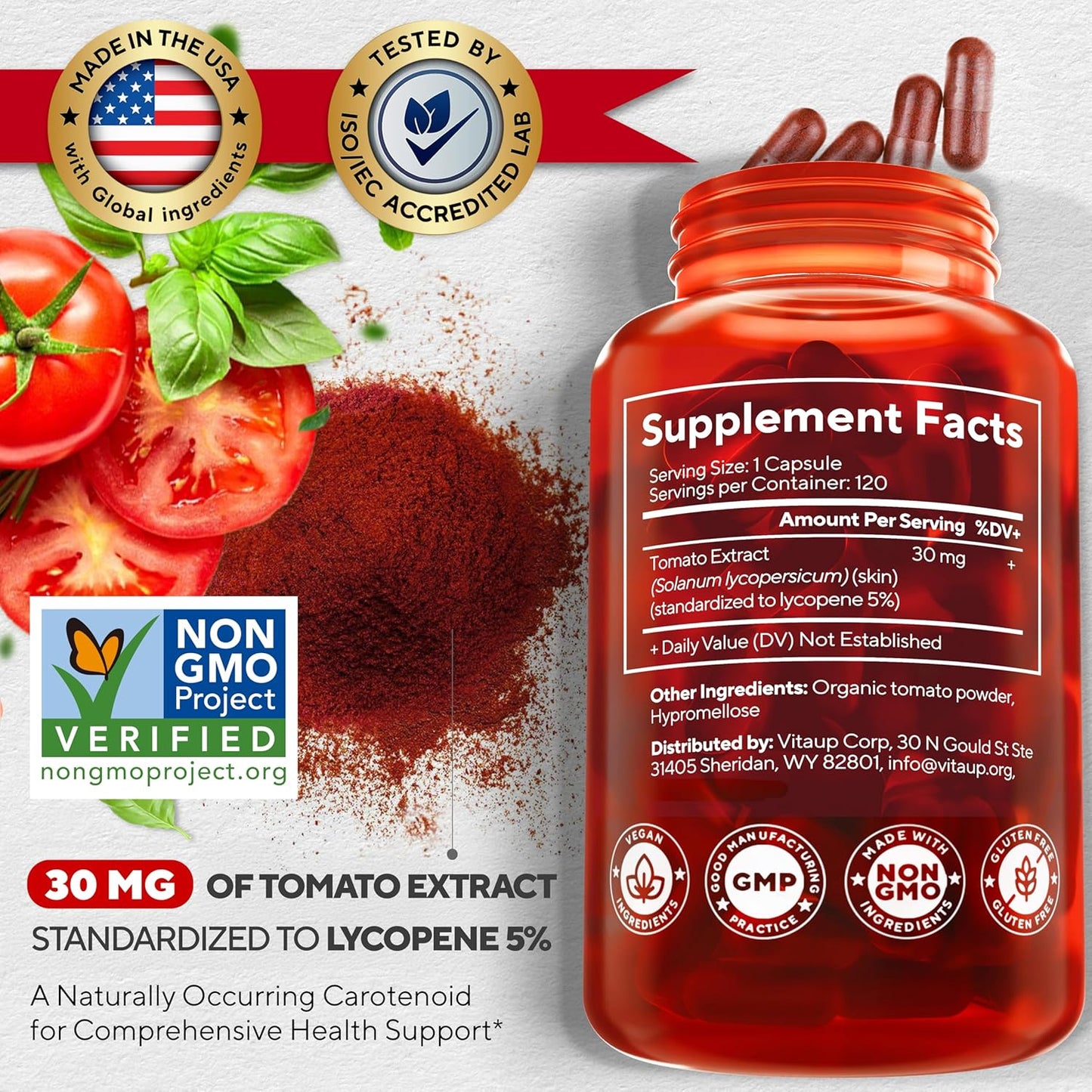 Lycopene Supplements for Men - USA Made Prostate Supplements for Men with Natural Tomato Extract - Non-GMO Lycopene Supplement for Prostate, Skin & Antioxidant Support - 120 Count