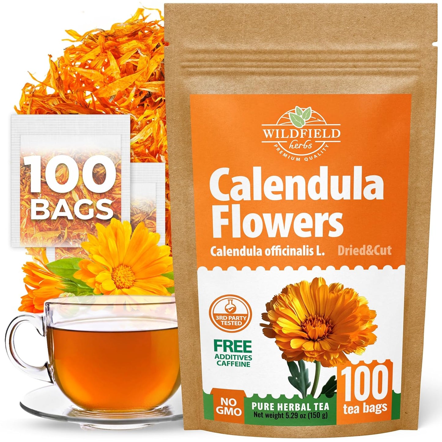 100 Bags Calendula Tea Dried Calendula Flowers Herb Tea (Caléndula Officinalis) - 100 Count 1.5 g Bags Kalendula