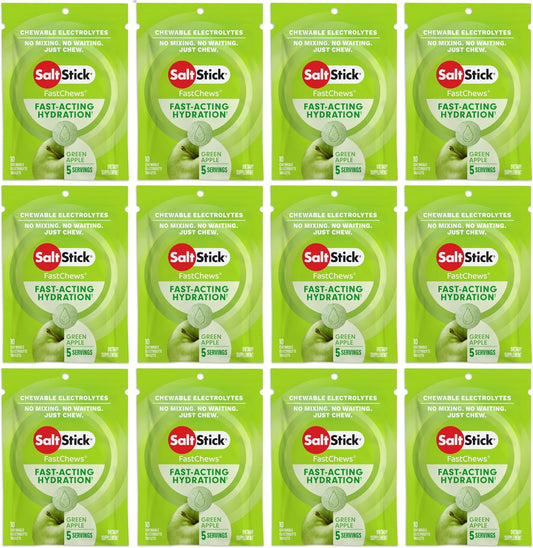 SaltStick Electrolyte FastChews - 120 Count Green Apple Flavor - Electrolyte Tablets for Hydration, Salt Tabs - 10 Count (Pack of 12)