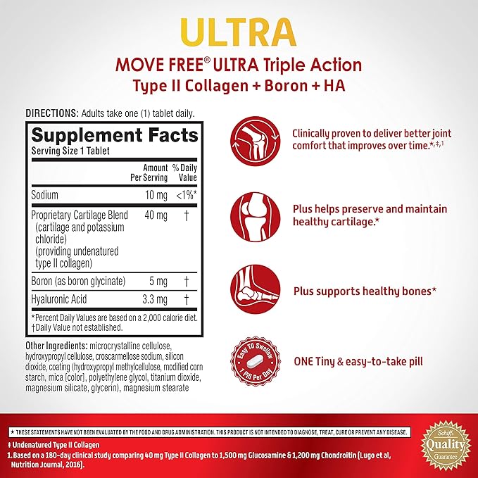 Move Free Ultra Triple Action Joint Support Supplement - Type II Collagen Boron & Hyaluronic Acid - Supports Joint Comfort, Cartiliage & Bones in 1 Tiny Pill Per Day, 30 Tablets (30 Servings)*