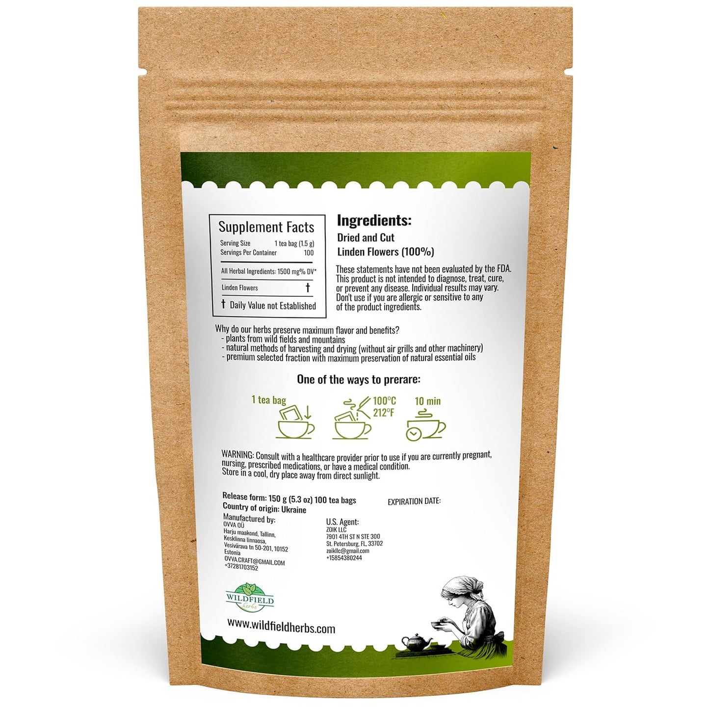 100 Bags Linden Tea Dried Linden Flower Tea Herbal (Tilia Cordata) - 100 Count 1.5g Bags Herb Lipa