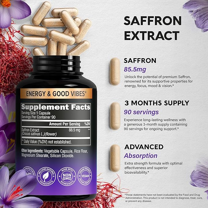 Natural Saffron Supplements - Pure Saffron Extract 88.5 mg - Made in USA - Mood | Focus | Vision | Energy Support - Eye Health for Women & Men - NonGMO Vegan Pills - 90 Powder Capsules, 3 Month Supply