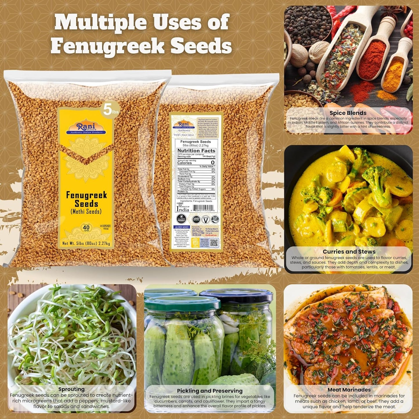 Rani Fenugreek (Methi) Seeds Whole 80oz (5lbs) 2.27kg Bulk Trigonella foenum graecum ~ All Natural | Vegan | Gluten Friendly | Non-GMO | Kosher | Indian Origin, used in cooking & Ayurvedic spice