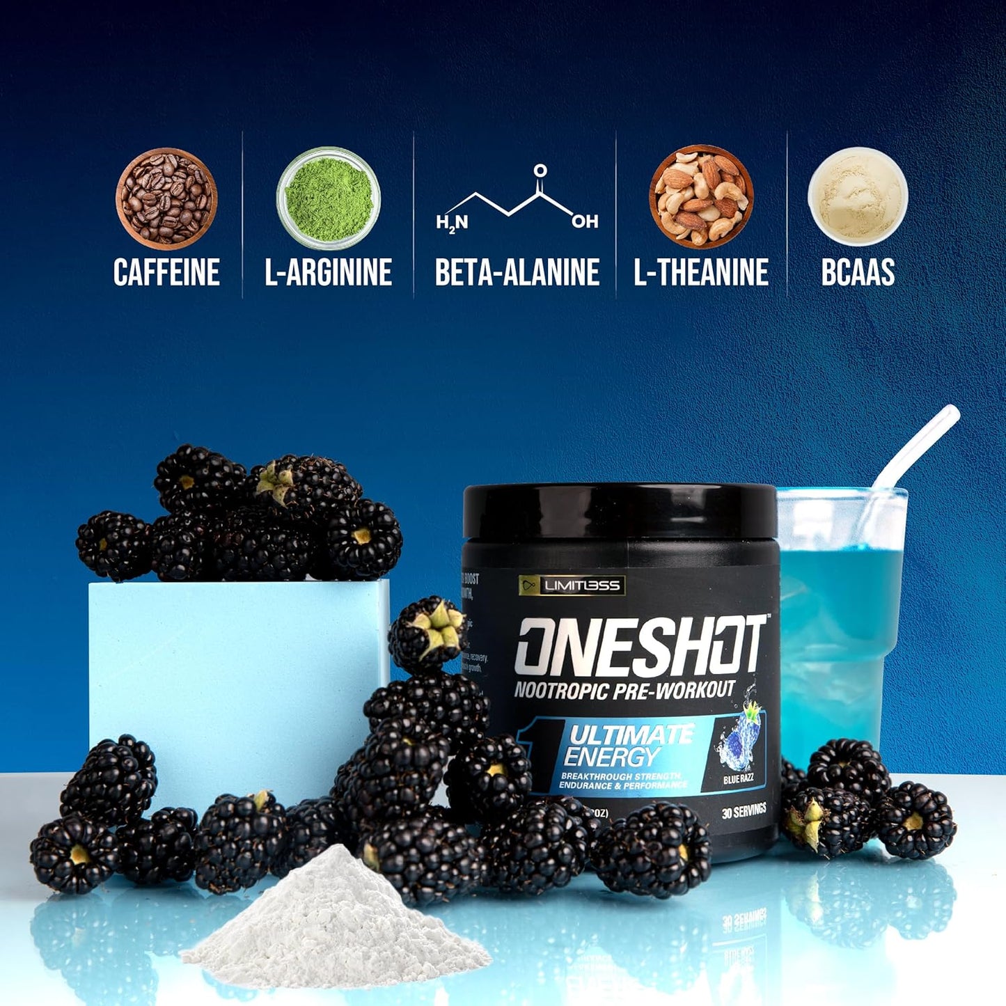 Oneshot Pre Workout Powder for Men and Women - BCAAS Amino Acids Supplement Powder, 200mg Caffeine, Beta Alanine Powder, Citrulline Malate Preworkout Powder - Blue Razz - 30 Servings