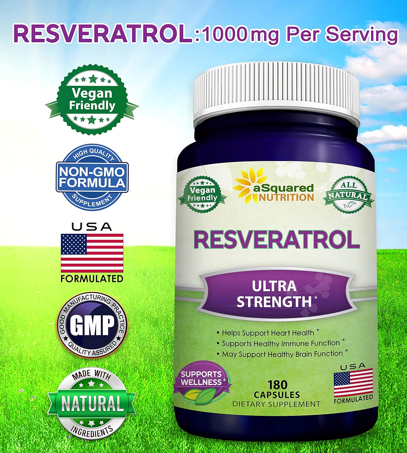 100% Natural Resveratrol - 1000mg Per Serving Max Strength (180 Capsules) Antioxidant Supplement, Trans-Resveratrol Pills for Heart Health & Pure, Polyphenols