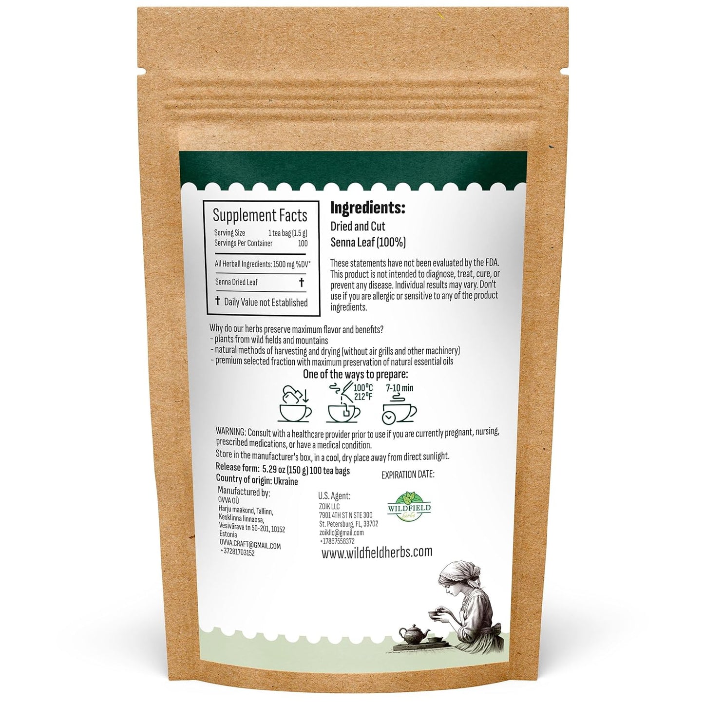 100 Bags Senna Leaf Senna Leaves Tea Herbal Tea (Senna Alexandrina) - 100 Count 1.5g Bags Hoja De Sen Hojas De Sen Para Te