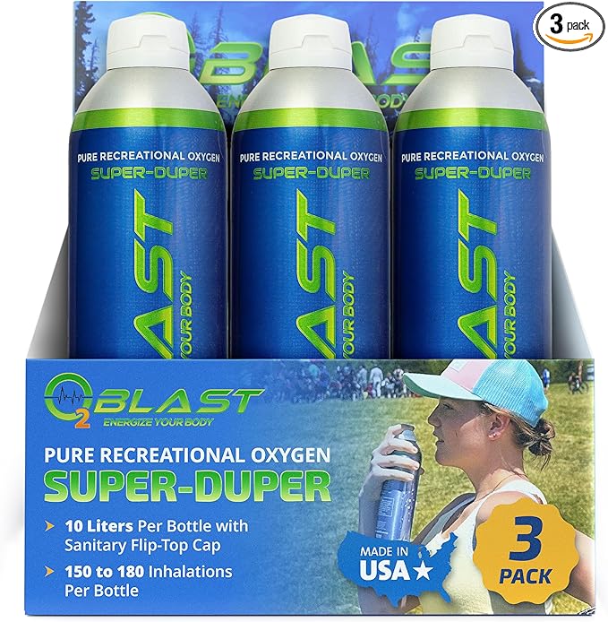 O2 Blast - Pure Oxygen Supplement - Filled with 99.99% Pure Oxygen to Support Fast Recovery, Increase Stamina & Enhanced Focus for High Altitude & Action Sports, 10L Portable Can Flip-Top Cap, 3-Pack