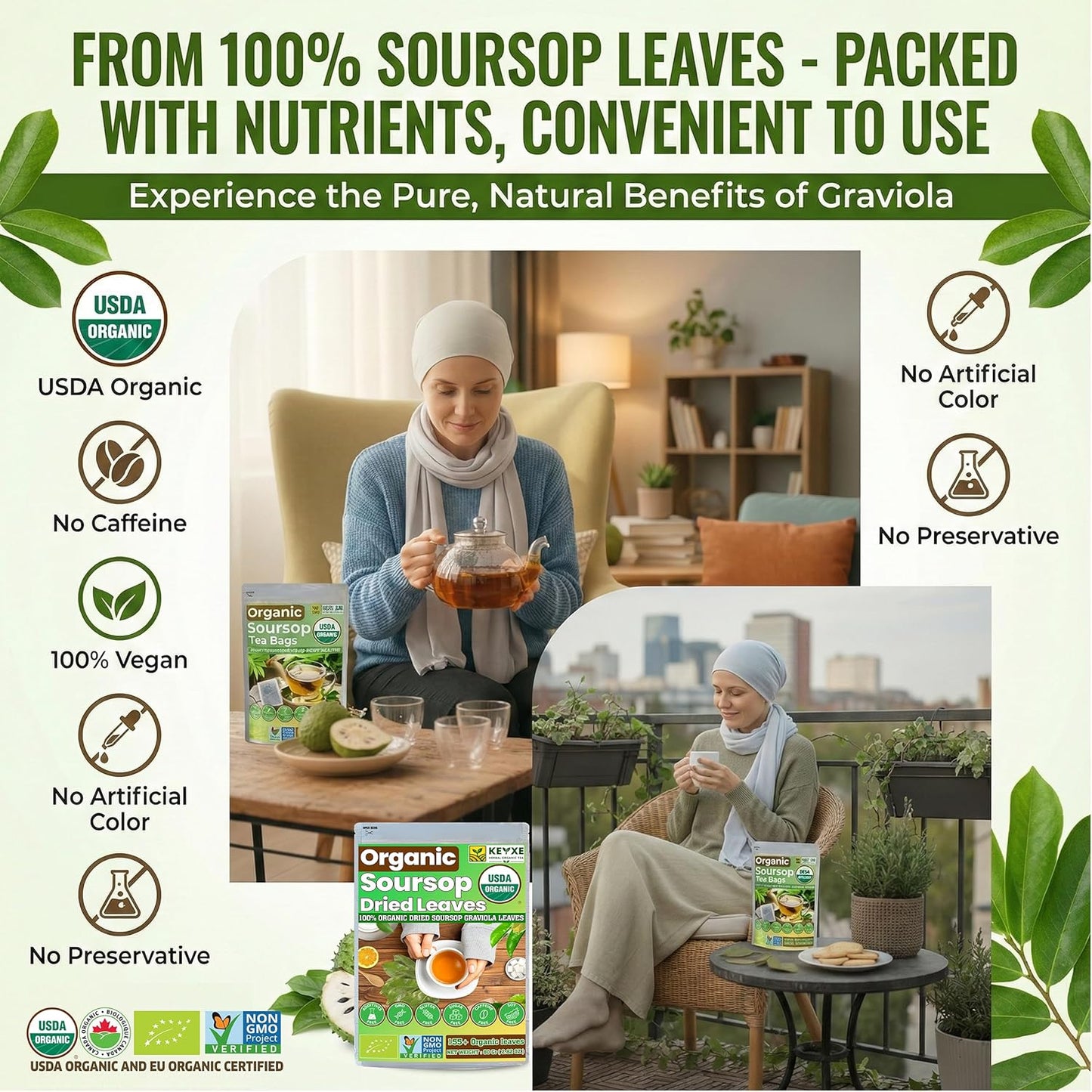 160+ USDA Organic Soursop Graviola Dried Leaves, Non GMO, 100% Organic Whole Soursop Leaves, Caffeine Free, Gluten Free, Wildcrafted & Authentic, Hojas de Guanabana, te de graviola , Guanábana Hojas Loose Leaf Herbal Tea