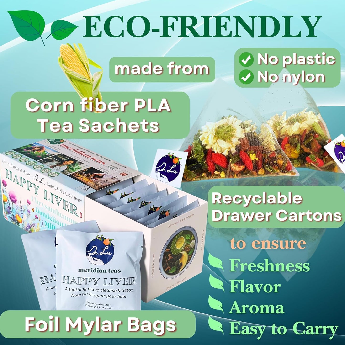 2 Pack of Dr. Lu’s Happy Liver Tea | Traditional Herbal Tea Blend | 100% Natural | Corn Fiber Pyramid Bags | Made in USA