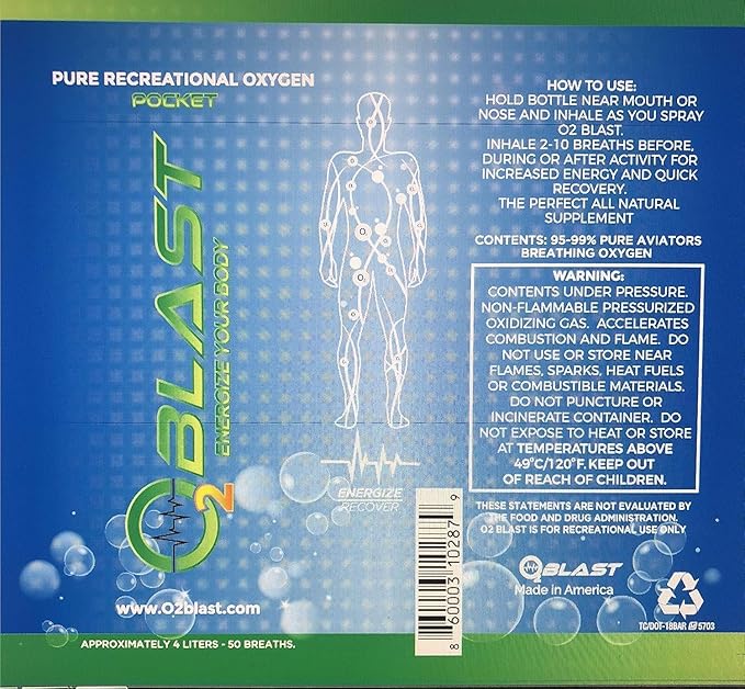 O2 Blast - Pure Oxygen Supplement - Filled with 99.99% Pure Oxygen to Support Fast Recovery, Increase Stamina & Enhance Focus for High Altitude and Action Sports, 4L Portable Can Flip-Top Cap, 6-Pack