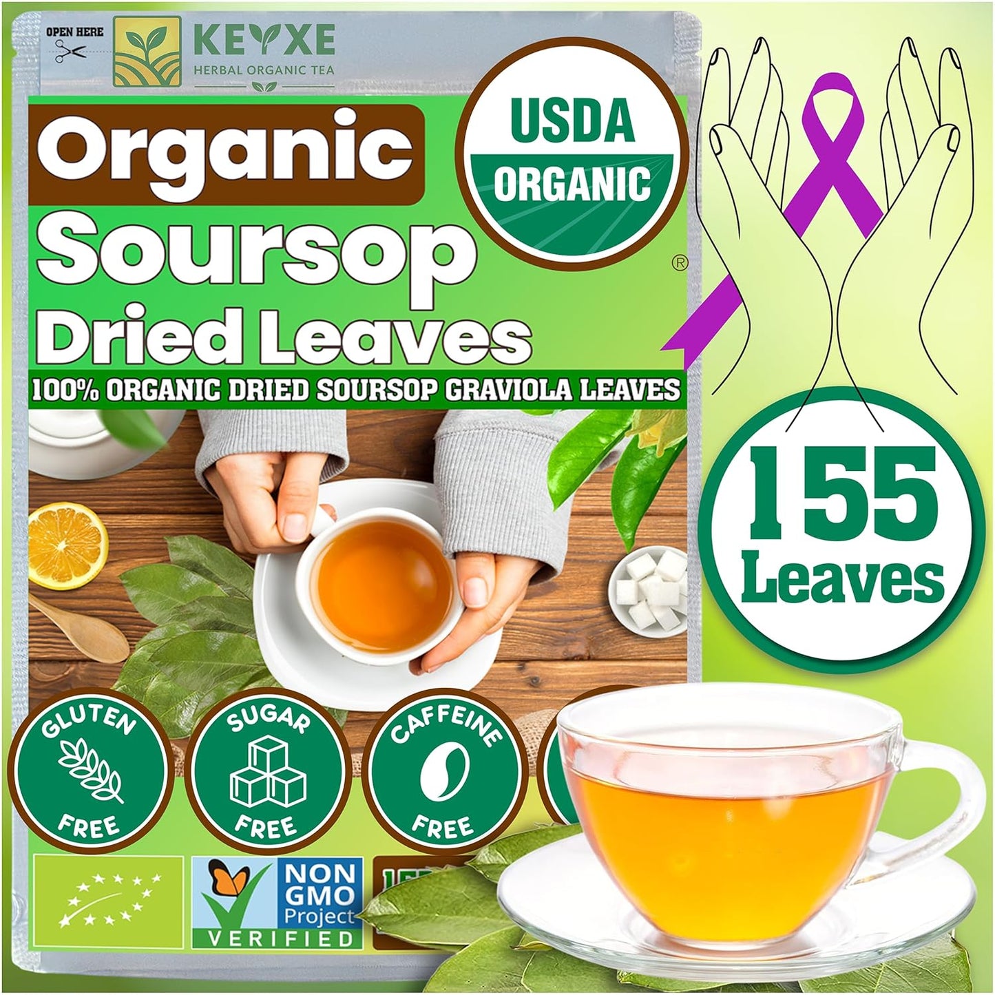 160+ USDA Organic Soursop Graviola Dried Leaves, Non GMO, 100% Organic Whole Soursop Leaves, Caffeine Free, Gluten Free, Wildcrafted & Authentic, Hojas de Guanabana, te de graviola , Guanábana Hojas Loose Leaf Herbal Tea