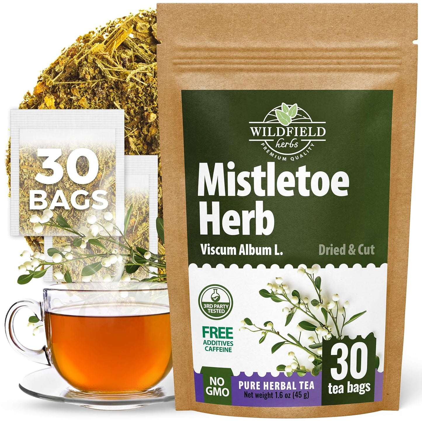30 Bags Dried Mistletoe Herb Tea (Viscum) - 30 Count 1.5g Tea Bags Mistletoe Herb Muerdago