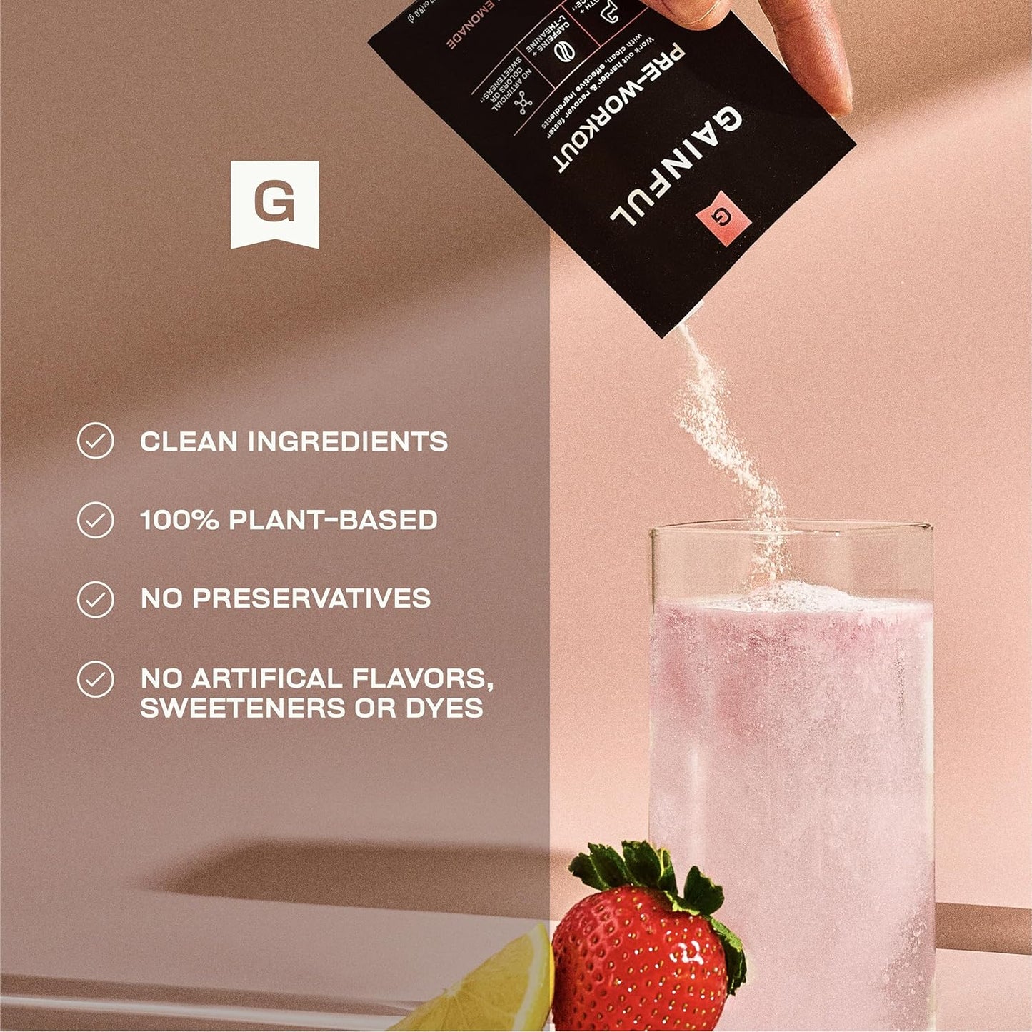 Gainful Pre Workout Powder with Natural Caffeine & L Theanine for Energy & Focus, L Citrulline & Beta Alanine for Endurance, BCAA's for Muscle Recovery, Vegan, Strawberry Lemonade, 10 Ct