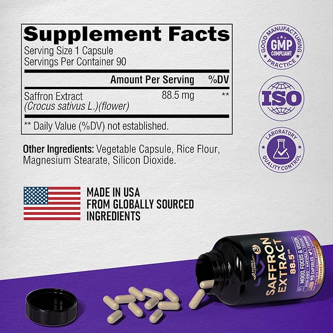 Natural Saffron Supplements - Pure Saffron Extract 88.5 mg - Made in USA - Mood | Focus | Vision | Energy Support - Eye Health for Women & Men - NonGMO Vegan Pills - 90 Powder Capsules, 3 Month Supply