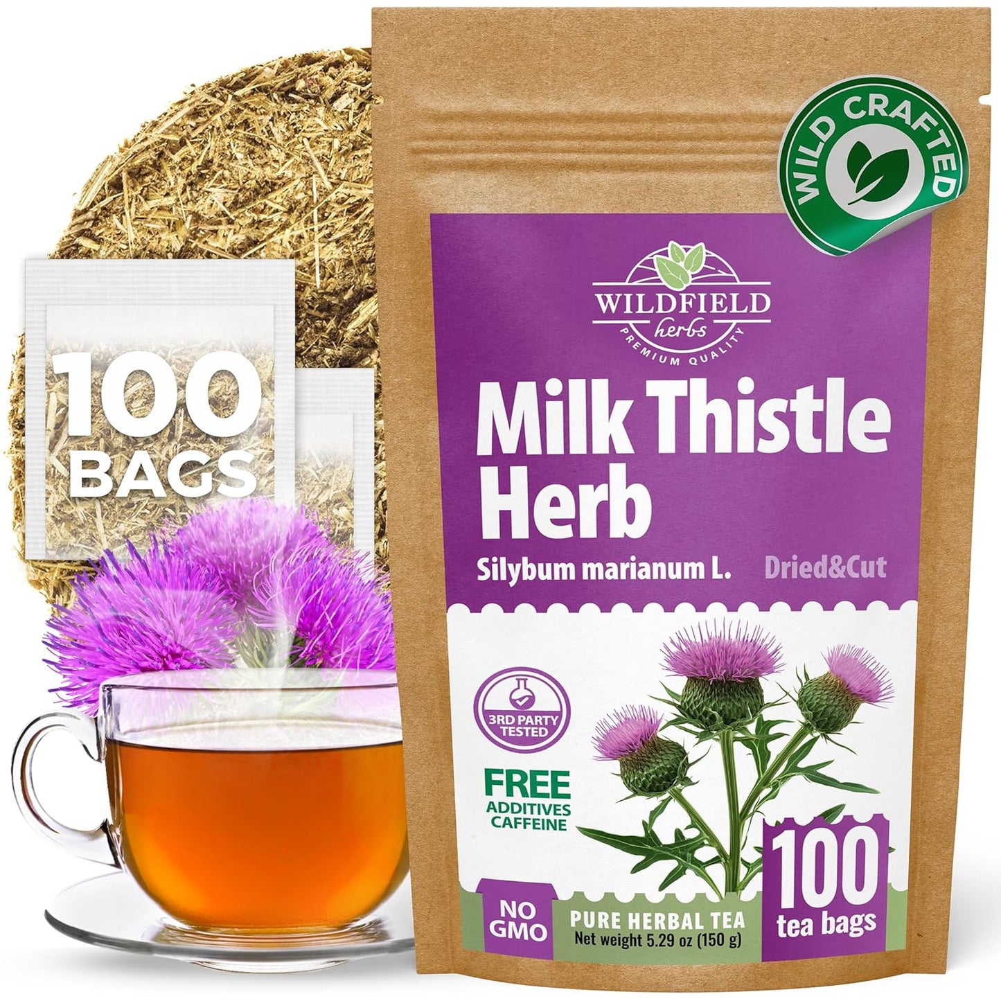 100 Bags Milk Thistle Tea Herb Dried Cardo Mariano Herbal (Silybum Marianum) - 100 Count 1.5g Tea Bags Dry Milk Thistle Herb Cardo De Leche