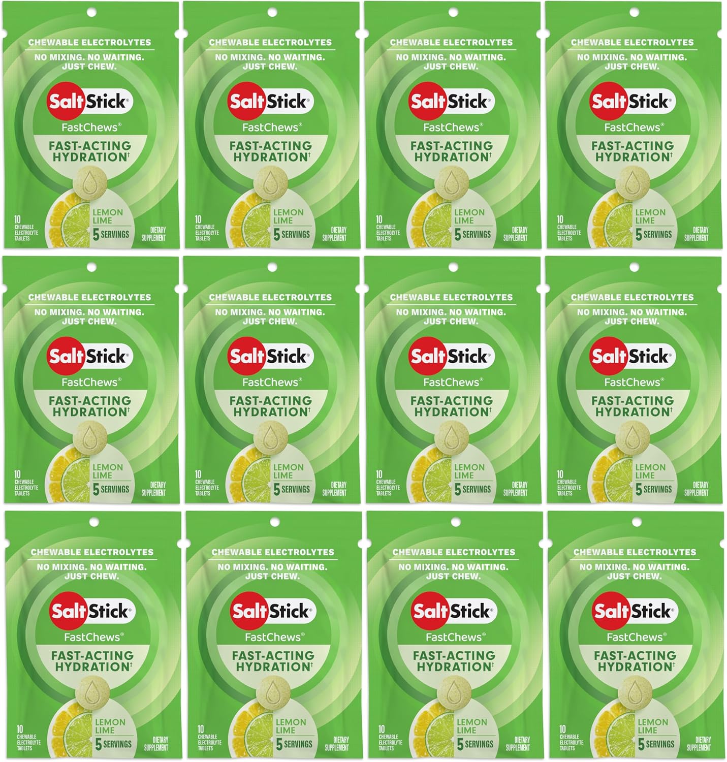 SaltStick Electrolyte FastChews Chewable Tablets, Lemon Lime, 120 count, 12 packets of 10 tablets each