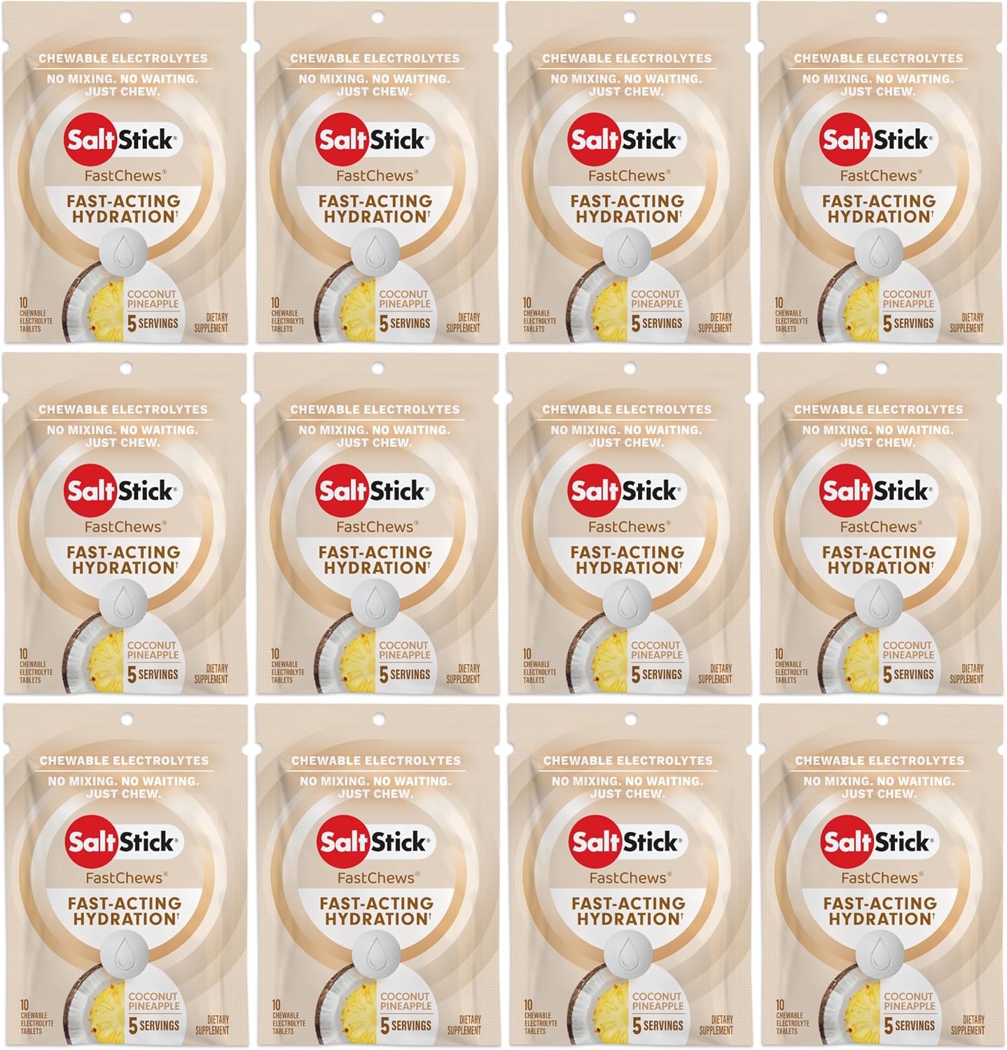 SaltStick Electrolyte FastChews - 120 Count Coconut Pineapple Flavor - Electrolyte Tablets for Hydration, Salt Tabs - 10 Count (Pack of 12)