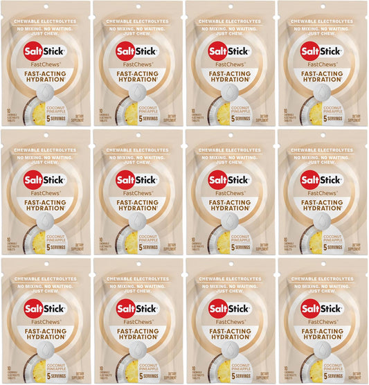 SaltStick Electrolyte FastChews - 120 Count Coconut Pineapple Flavor - Electrolyte Tablets for Hydration, Salt Tabs - 10 Count (Pack of 12)