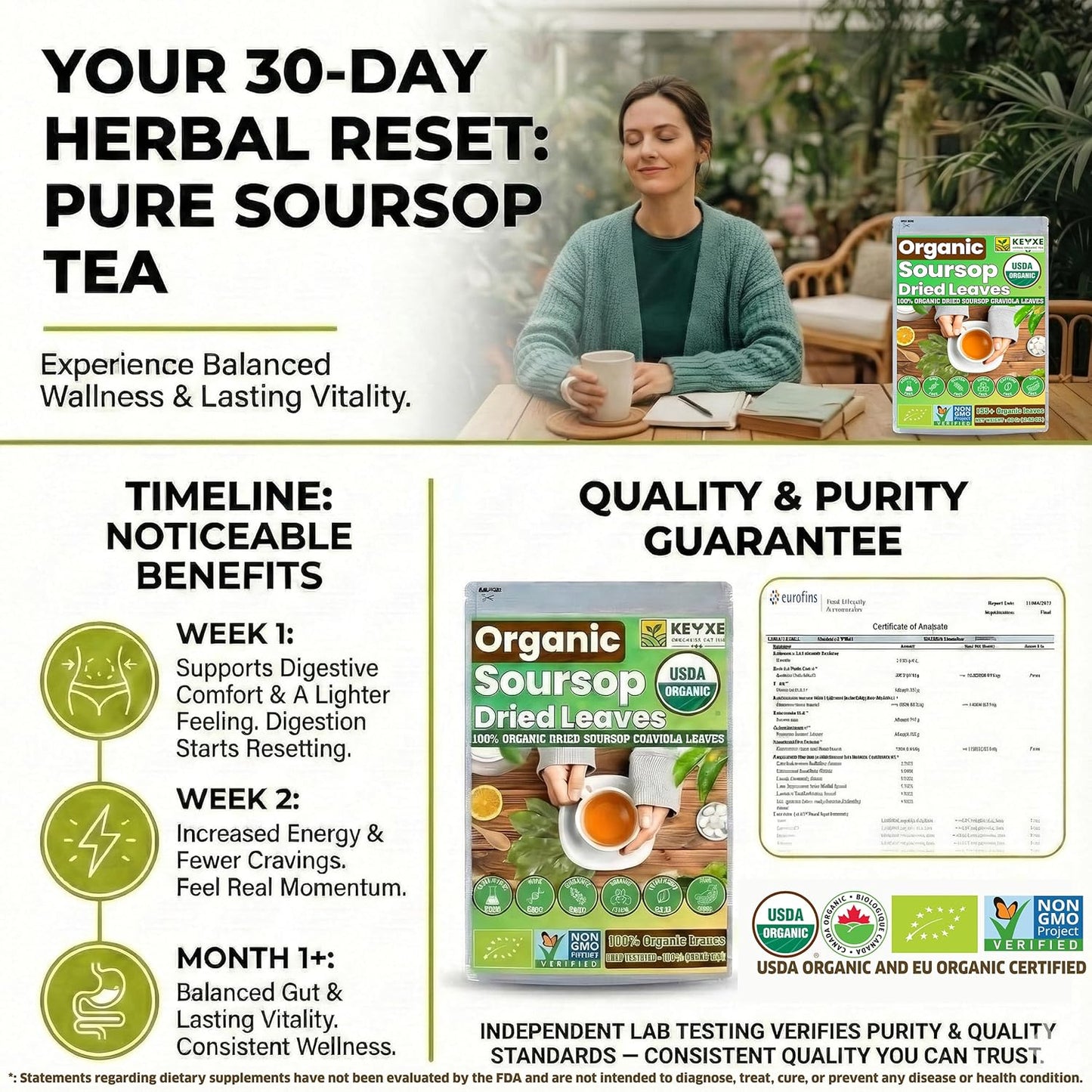 160+ USDA Organic Soursop Graviola Dried Leaves, Non GMO, 100% Organic Whole Soursop Leaves, Caffeine Free, Gluten Free, Wildcrafted & Authentic, Hojas de Guanabana, te de graviola , Guanábana Hojas Loose Leaf Herbal Tea