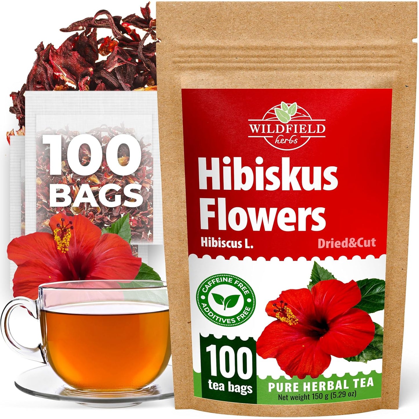 100 Bags Dried Hibiscus Flower Tea Herbal Flor De Jamaica (Hibiscus) - 100 Count 1.5g Tea Bags Dry Dried Hibiscus Flowers Herb Hibisko