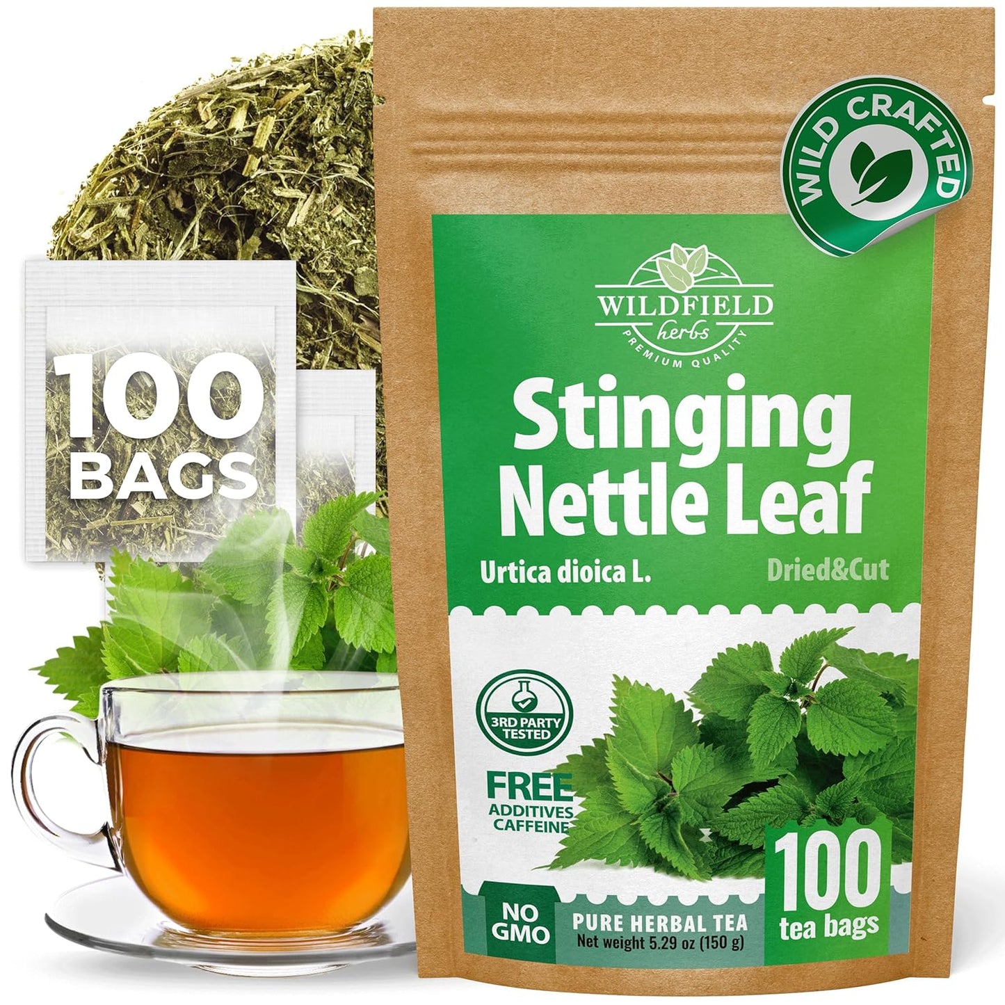 100 Bags Nettle Leaf Tea Ortiga Dried Nettle Herb Planta Bulk (Urtica Dioica) - 100 Count 1.5g Tea Bags Herb Hojas De Ortiga