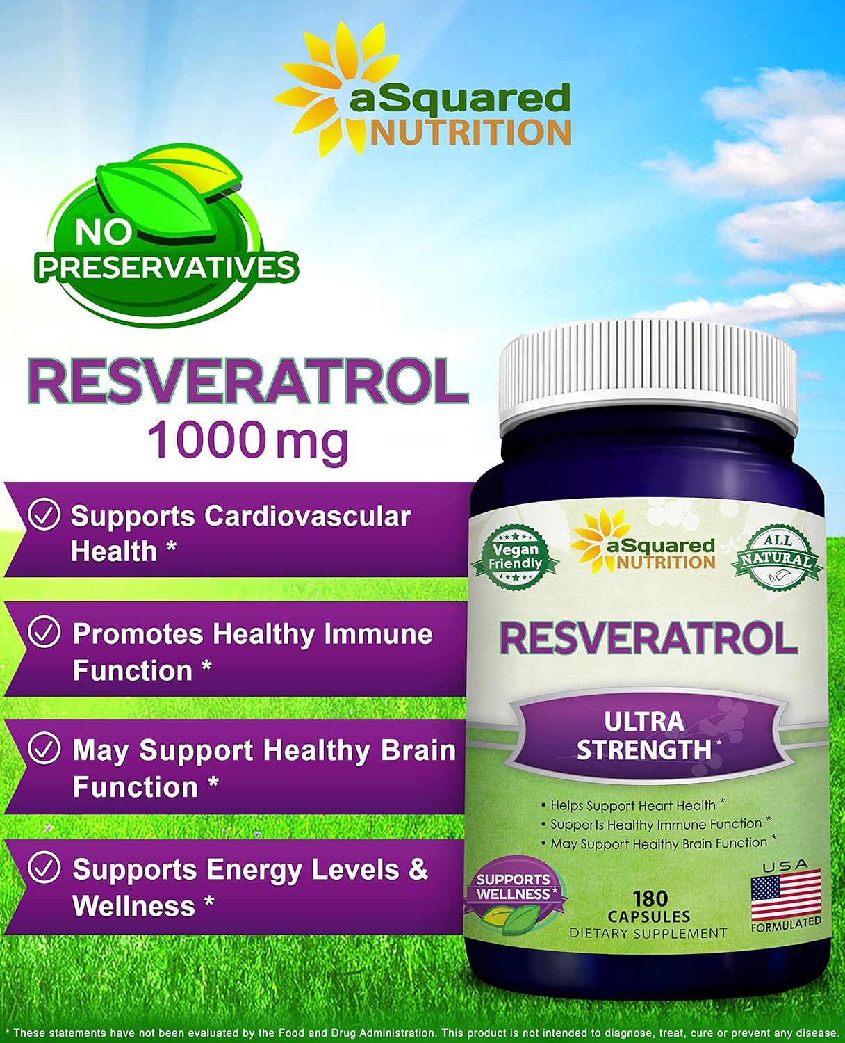 100% Natural Resveratrol - 1000mg Per Serving Max Strength (180 Capsules) Antioxidant Supplement, Trans-Resveratrol Pills for Heart Health & Pure, Polyphenols