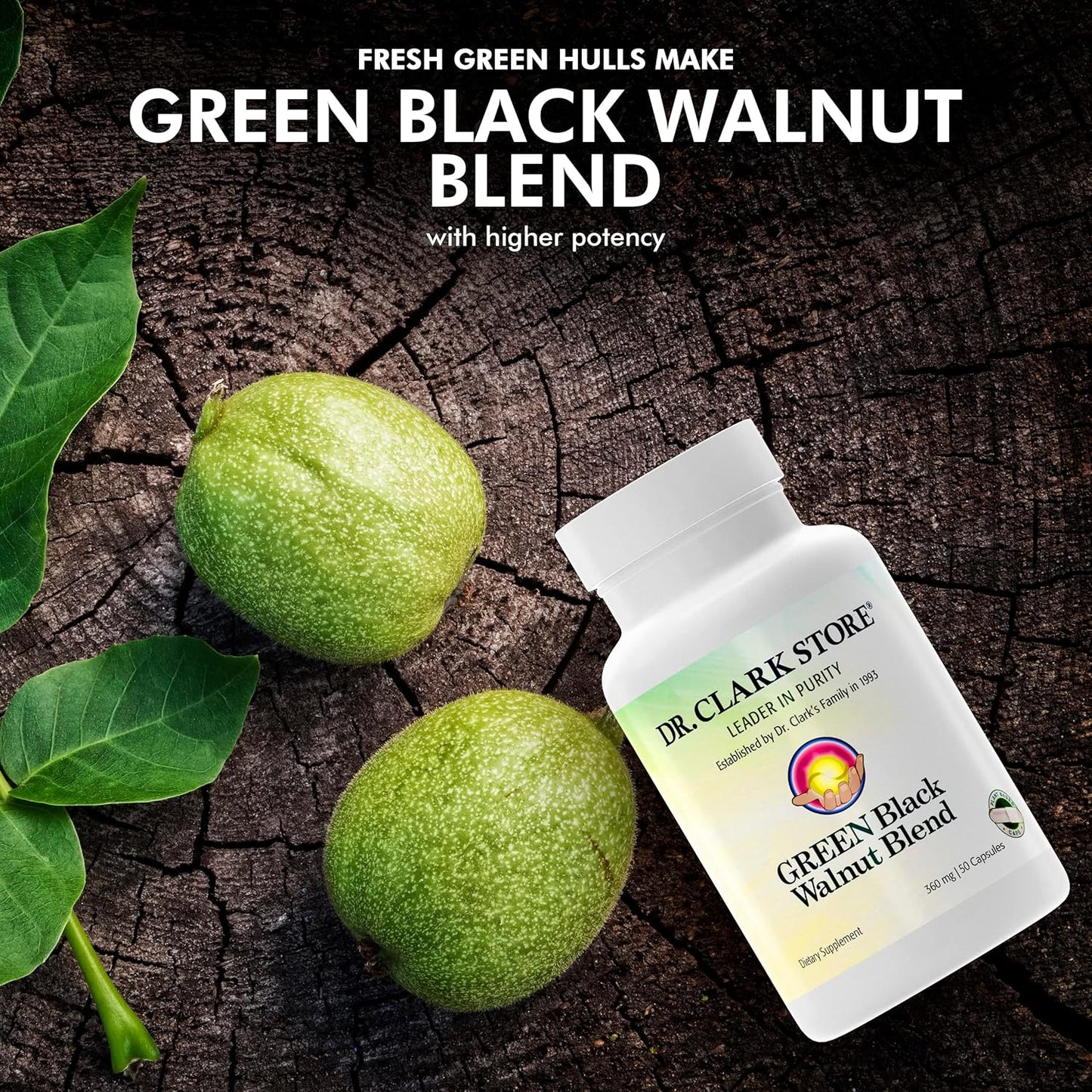 Dr Clark Green Black Walnut Blend - Freeze Dried Hull Dietary Supplement, Extra Strength Formula from All Natural Walnuts, Supports Healthy Intestinal Environment, 360mg, 50 Gelatin Capsules